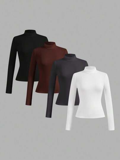 SHEIN Essnce 4 pezzi/set Magliette a collo alto casual e minimali, aderenti, per donna, autunno/inverno