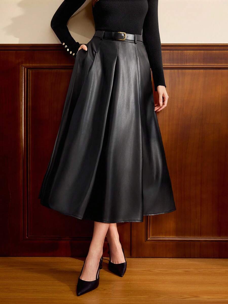 Vintamour 复古经典优雅女式半身裙，秋冬宽松 PU 皮革 A 字裙，带腰带、口袋，黑色，长款
