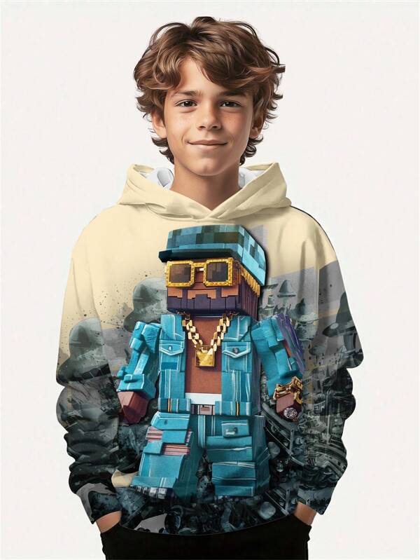SHEIN Tween Boy Casual Loose Comfortable Stylish Cool Pixel Boy With Gold Necklace Emerging From Ruins Graphic Print Long Sleeve Hoodie