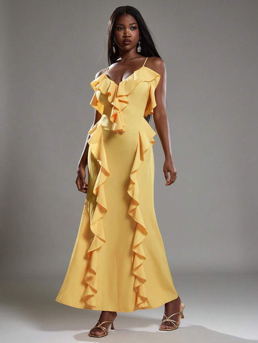 NYA SZN 连衣裙 V 领低胸荷叶边细节早午餐特殊场合生日度假海滩婚礼宾客新娘派对春夏长款女式连衣裙