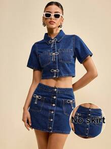 Muvela Women's Blue Denim Jacket, Elegant Bow-Knot Diamond-Decorated Short-Sleeved Shirt, Cotton-Containing French Top Date Night Outfits Women - Medium Wash - View 3