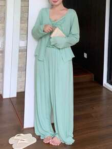 Dazy Plus 3pcs Solid Color Knit Twist Design Camisole Top Coat & Pants Loungewear Set, Plus Size, Outfits, Fall Clothes - Mint Green - View 5