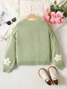 SHEIN 青少年女孩休闲时尚百搭可爱花朵装饰宽松舒适圆领套头衫，适合周末、休闲外出、返校、万圣节、圣诞节、新年、女孩毛衣、青少年毛衣、雏菊毛衣、秋冬花卉毛衣、秋季 Diothes、冬季 Cbothes - 薄荷綠 - 查看 4