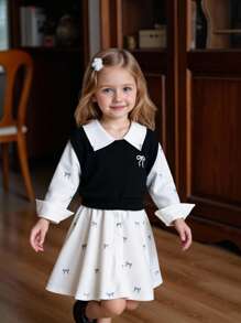 2 件套年轻女孩时尚蝴蝶刺绣背心 + 蝴蝶印花衬衫裙，休闲，适合日常、学校、春秋季 - 黑與白 - 查看 4