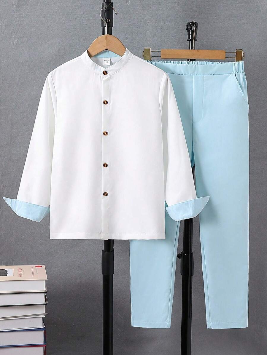SHEIN 2 件 Tween Boy 四季休闲纯色修身立领长袖衬衫 + 休闲裤套装，适合派对、主持、钢琴演奏会、聚会、T 台、洗礼、商务 - 淺色水洗藍 - 查看 1