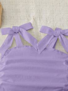 年轻女孩优雅纯色修身甜美蝴蝶结系带肩侧褶吊带背心，妈妈和女儿及姐妹搭配 - 紫色 - 查看 5