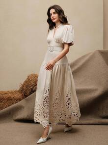 Anewsta Apricot V-Neck Short Sleeve Elegant Embroidered Belted A-Line Maxi Dress For Women, Autumn