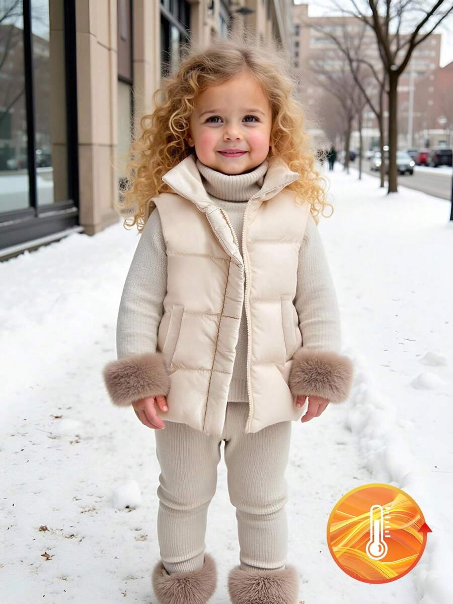 SHEIN Playful Pals Áo vest cổ trụ dệt kim dễ thương cho bé gái - Màu be - Xem 1