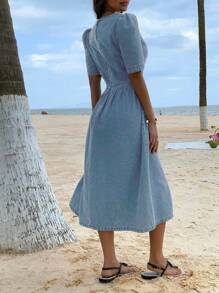 DAZY Western Style Square Neck Puff Sleeve Ruched Denim Dress For Women, Summer Sundress Vacation Outfits Women - Light Wash - View 2