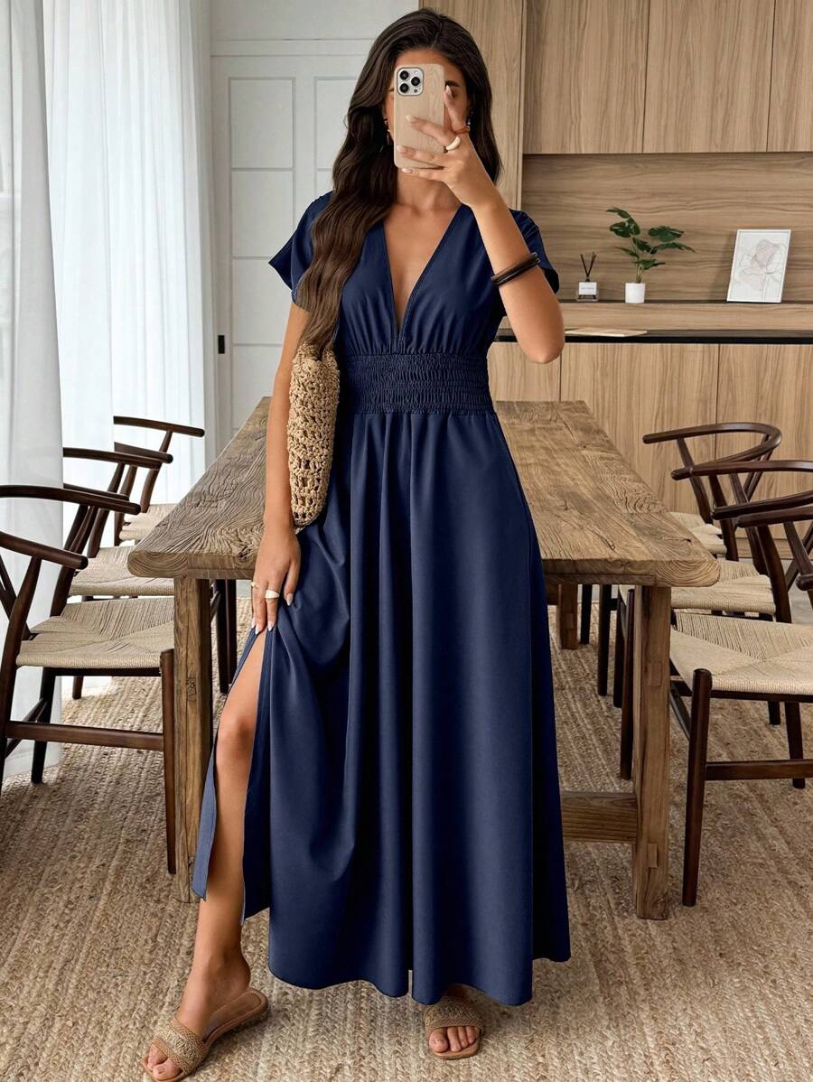 Weeklong Women's Summer Vacation Shirred Waist Tie Sexy Mid-Length Dress - Navy Blue - View 1