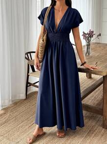 Weeklong Women's Summer Vacation Shirred Waist Tie Sexy Mid-Length Dress - Navy Blue - View 3