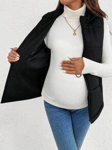 SHEIN 秋装，秋季服装，孕妇秋装，抽绳腰带拉链连帽背心黑色孕妇休闲外套 - 黑色 - 查看 4