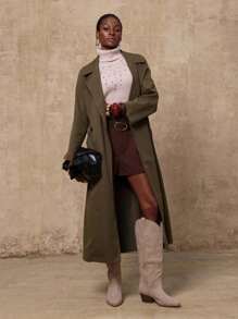 SHEIN Privé VITNOS Fall Summer Modest Old Money Holiday Party BOHO Women's Solid Color Lapel NeckCasual Long Sleeve Fashion Trench Coat - Dark Green - View 5