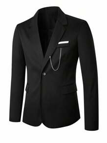 Manfinity Bizformal Men's Simple Solid Color Lapel Collar Chain Decor Black Blazer, Old Money