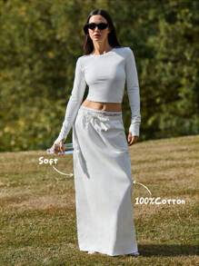 Menodora SHEIN Sport Váy ren cạp thấp dệt màu trơn đơn giản cho nữ - trắng - Xem 4