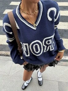 Pulover cu mânecă lungă, tricotat jacquard, cu decolteu în V, albastru și alb, contrastant, pentru fete adolescente, primăvară, toamnă și iarnă, sezonul de la școală - Albastru si alb - Vizualizare 6