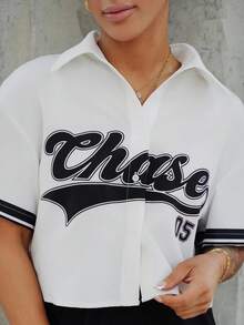 SAYEHFBABY Áo sơ mi croptop họa tiết thể thao đường phố dành cho nữ - trắng - Xem 3