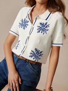 Florisole Cárdigan asimétrico de punto estilo bohemio, jersey de punto con cuello polo, suéter de punto informal para primavera - Albaricoque - Ver 5