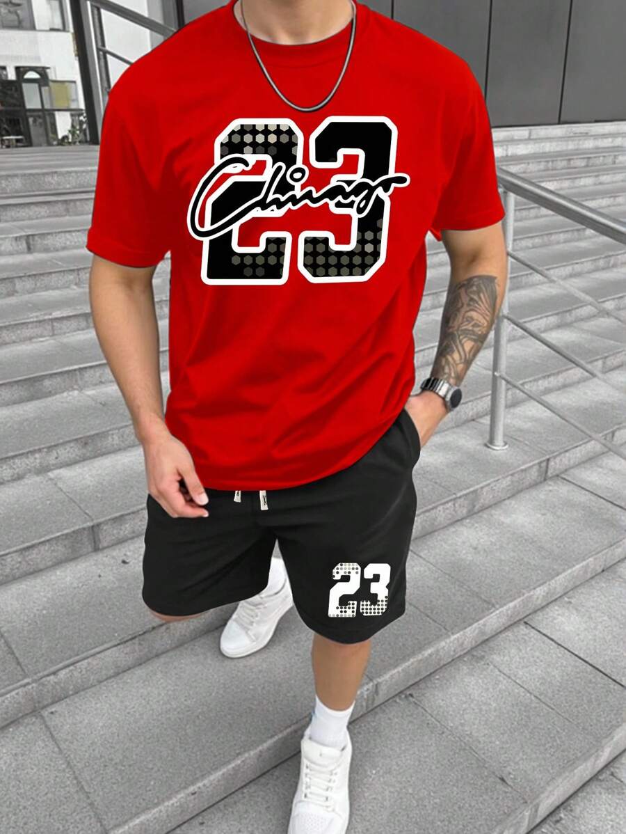 Manfinity Homme Conjunto de camiseta y pantalones cortos casuales con estampado numérico para hombres, conjunto de 2 piezas de verano para hombres en rojo y negro