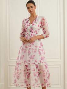 GENKIRA Vestido largo elegante y romántico de estilo francés para mujer con escote en V, manga 3/4, fruncido en la cintura, diseño de bajo con volantes, estampado floral de gasa, lujoso y elegante - Multicolor - Ver 4