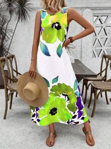 Breezaya 女士花卉印花圆领无袖宽松优雅别致连衣裙长款女装 - 彩色 - 查看 1