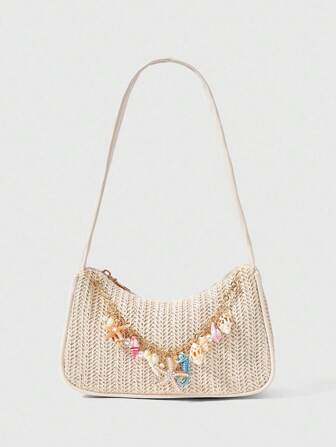 Fairycore 1 Set Bolso de hombro de playa tejido y accesorios, bolso de hombro de mujer con estilo de resort de playa personalizado y de moda (incluye 1 bolso y 1 set de accesorios de color aleatorio)