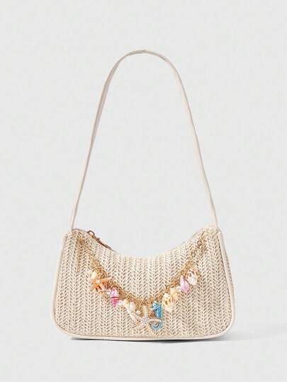 ROMWE Fairycore 1 Set Woven Beach Shoulder Bag & Accessories, Fashionable Personalized Beach Resort Style Women Shoulder Bag (Includes 1 Bag And 1 Set Of Random Color Accessories)