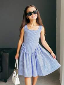 Firerie Kids Firerie Kids Tween Girl Elenzga 新款休闲欧美风优雅露肩条纹系带蝴蝶结装饰 A 字迷你连衣裙，优雅度假 - 藍白色 - 查看 6