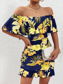 Selianne Đầm bodycon trễ vai bèo nhún in họa tiết nhiệt đới cho trang phục đi biển dành cho nữ - Màu xanh hải quân - Xem 5