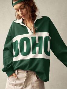 Bohemela 女士休闲运动针织拼布领长袖宽松常规卫衣波西米亚风衬衫波西米亚风上衣女士卫衣秋冬绿色卫衣 - 彩色 - 查看 4