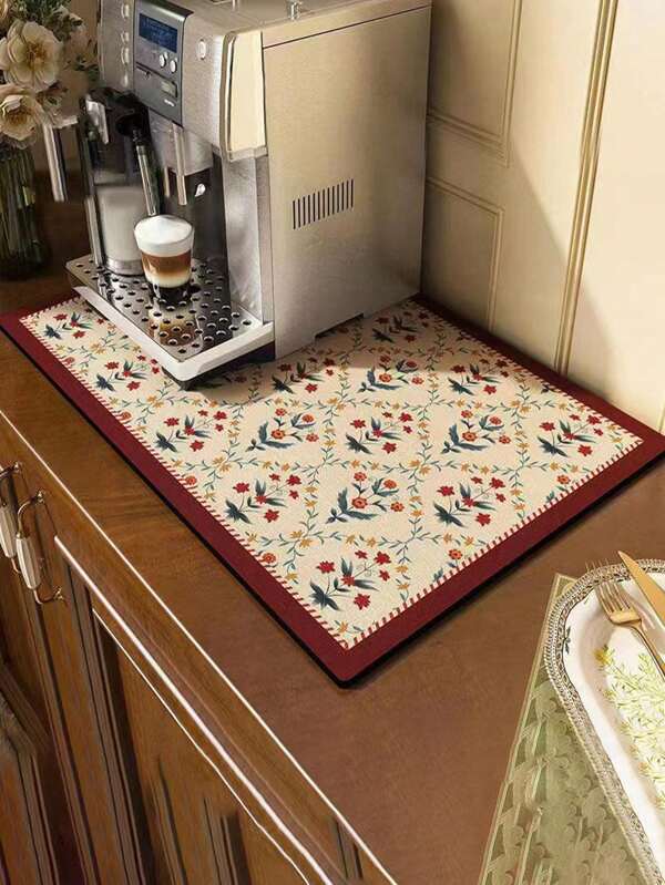 SHEIN 1/2 قطعة سجادة قهوة بنمط الزهور - مقاومة للبقع ذات ظهر مطاطي ماص للرطوبة سريعة الجفاف لأسطح المطبخ وبار القهوة، اكسسوارات لصانع القهوة وإبريق القهوة والإسبرسو