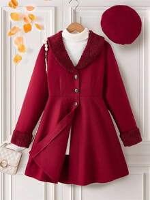 2 件套青少年女孩秋冬保暖可爱时尚休闲外套（含配套帽子） - 紅色 - 查看 1