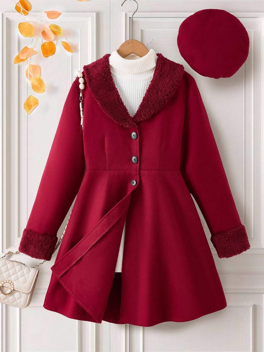 2 件套青少年女孩秋冬保暖可爱时尚休闲外套（含配套帽子） - 紅色 - 查看 1