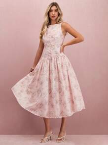 Enchnt Váy dài không tay thêu lỗ và họa tiết hoa màu hồng pastel lãng mạn dành cho nữ mùa thu/đông, Đầm dự tiệc cưới mùa thu - Hồng - Xem 6