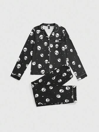 Goth Gothic Cartoon Skull Print Front Open Long Sleeve & Pants Casual Pajama Set