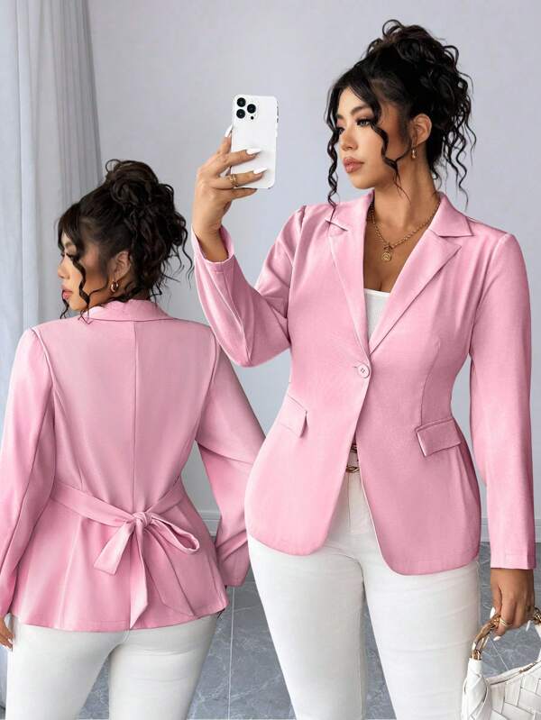 Elenzga Women's Plus Size Elegant Lapel Shoulder Pad Long Sleeve Fitted Cinched Waist Side Blazer Jacket Fall Cloth For Women