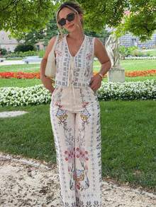 Jeta Ari 2pcs Women Casual Floral Print Tied Front Sleeveless Shirt And Pants Set