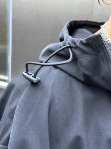 SHEIN EZwear 織織凈色高領連帽衝鋒夾克外套 - 黑色 - 查看 7