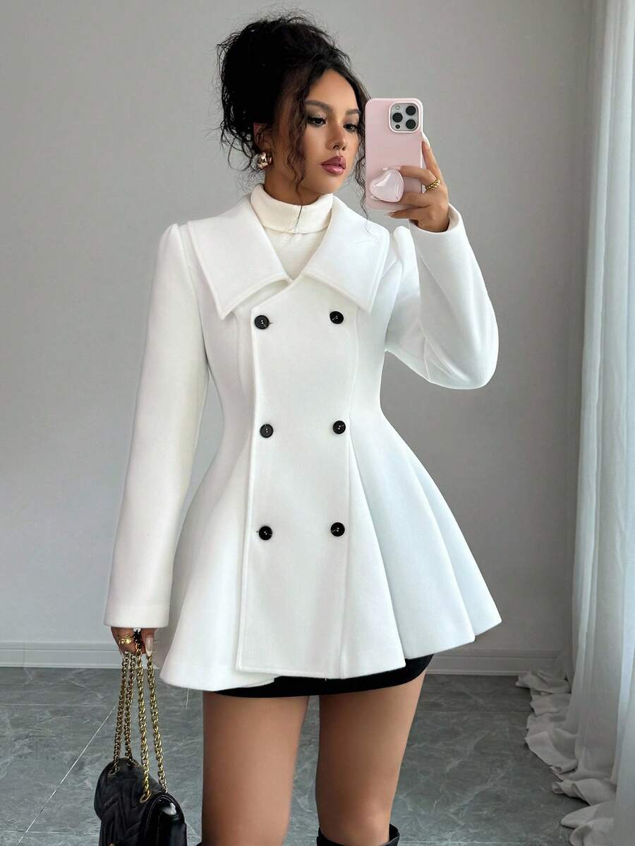 Elenzga Solid Color Double-Breasted Elegant A-Line Overcoat For Women Fall Winter Cloth For Women