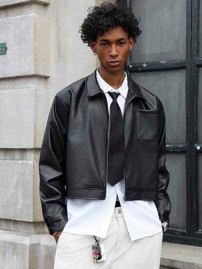 PAVTROS Manfinity Streetrush Men's Long Sleeve Short Zip-Up PU Leather Jacket, Black Leather Jacket Men Cropped Leather Jacket Men Leather Outerwear Black Leather Jacket Faux Leather Jacket Men Cropped Zip Up Jacket Cropped Faux Leather Jacket Streetwear Jacket Faux Leather Bomber Jacket Men, Men Cropped Jackets, Black Leather Jacket For Men, Leather Top Men , Fall Winter