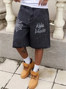ROMWE MEN Street Life Men's Spider Rhinestone Graphic Pocket Wide Leg Loose Casual Denim Shorts - Dark Grey - View 3