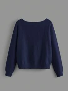 SHEIN BASICS 女款休閒基本款純色針織衫，秋冬季，校園居家穿著，海軍藍 - 藏蓝色 - 查看 2