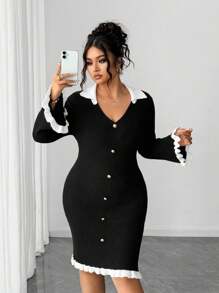 Elenzga Váy maxi dệt kim dài tay dáng ôm cổ chữ V sang trọng thanh lịch theo phong cách Pháp cỡ lớn dành cho Halloween, vải thu đông dành cho nữ - Đen và trắng - Xem 5
