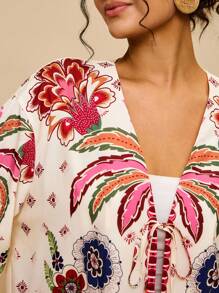 Travachic Áo kiểu dáng rộng rãi, lửng, chất liệu chiffon in họa tiết hình học, họa tiết boho, thích hợp cho nữ, thích hợp mặc đi nghỉ mát, có dây buộc phía trước, dành cho nữ. - Nhiều màu - Xem 1