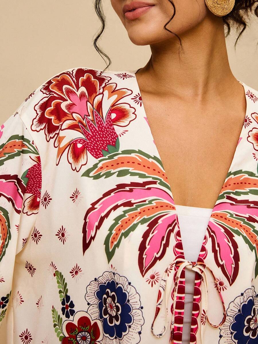 Travachic Áo kiểu dáng rộng rãi, lửng, chất liệu chiffon in họa tiết hình học, họa tiết boho, thích hợp cho nữ, thích hợp mặc đi nghỉ mát, có dây buộc phía trước, dành cho nữ. - Nhiều màu - Xem 1