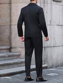 Manfinity Bizformal 男士翻領長袖夾克與長褲休閒黑色西裝套裝，辦公室穿搭、儀式、正式 - 黑色 - 查看 2