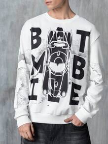 BATMAN X SHEIN 男士字母图案圆领长袖卫衣 男士蝙蝠车图案卫衣 男士图案卫衣 标语卫衣 - 白色 - 查看 1