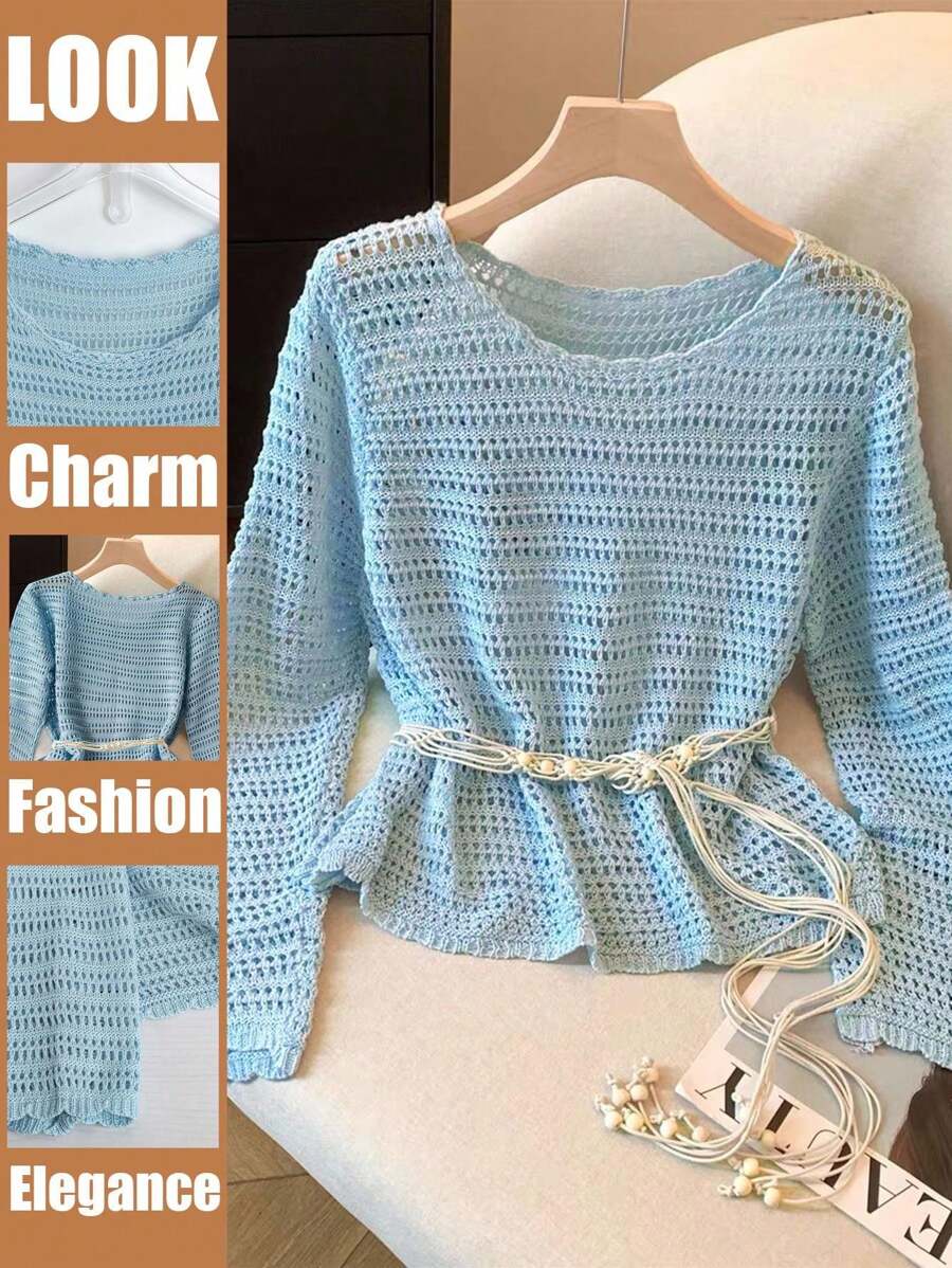 Franclia 时尚度假风镂空圆领超大休闲毛衣，时尚欧美风针织套头衫秋冬