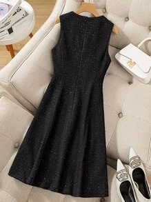 GlowEve Women's Elegant Sleeveless Knee-Length Patchwork Ribbon Trim Dress - Black - View 2