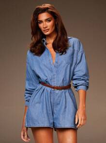 Athîral 女式落肩长袖单排扣口袋休闲牛仔连体裤 - 深色水洗藍 - 查看 4